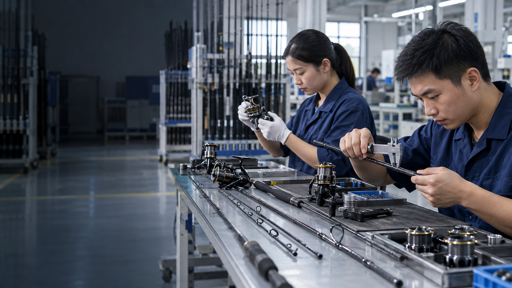 Asian technicians inspecting fishing rods and reels in a Shenzhen factory